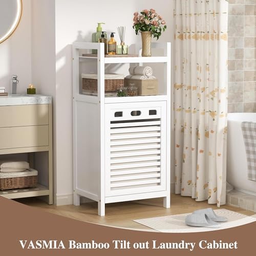 VASMIA Tilt Out Laundry Hamper,Bamboo Laundry Storage Cabinet with Shelf,10 Gal Hidden Laundry Basket Organizer for Bathroom,Laundry Room,White