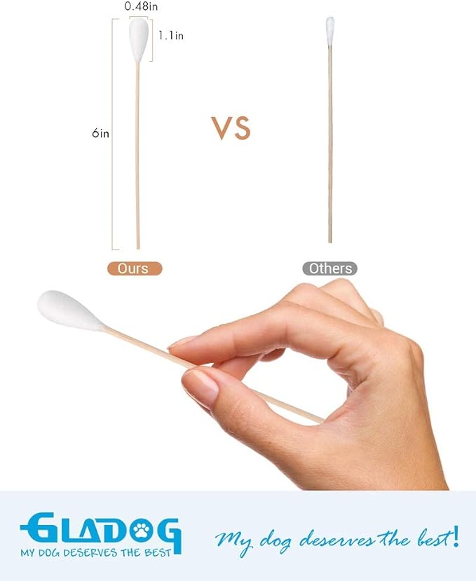 GLADOG 6 Inch Professional Large Cotton Buds for Dogs, Specially Designed Dog Cotton Buds with Wood Handle, Large Means Safe