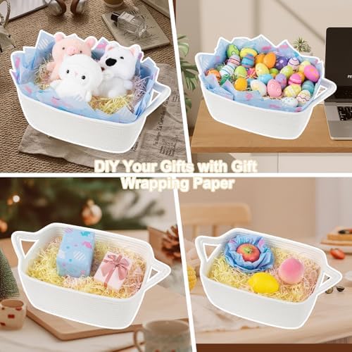OIAHOMY Woven Basket, Gift Basket Empty with Gift Bags, Ribbons and Wrap Tissue Paper, Rope Baskets for Baby Showers, Storage Baskets with Handles for Nursery, Pet Toy Organizer - Easter White