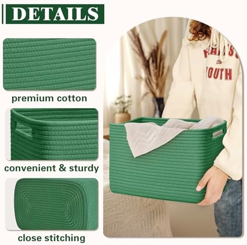 Storage Baskets for Organizing, 4 Pack Baskets for Shelves, Decorative Storage Bins for Shelves, Cotton Rope Storage Basket with Handles, Woven Basket for Storage, 13''Lx8.7''Wx7.9''H, Green