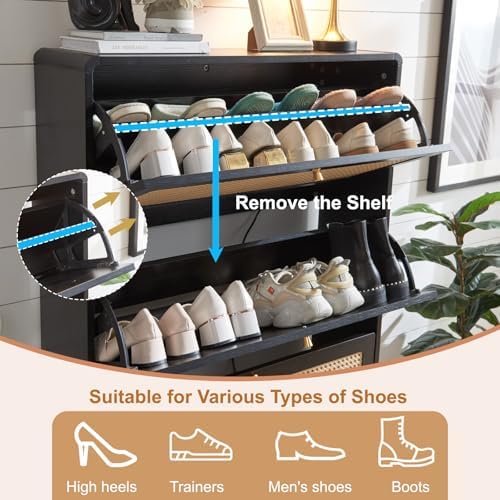 Rattan Shoe Cabinet with 3 Flip Drawers, Black Slim Shoe Storage | 24 Pairs Narrow Freestanding Shoe Cabinet for Entryway, Curved Corner, Solid Wood Legs, Boho Style, Open Back Ventilation