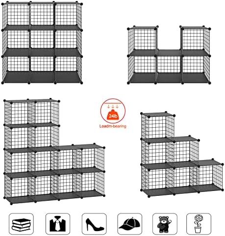 HUBSON Wire Cube Storage Organizer, Book/Toy/Craft/Potted Plants and petCloset Organizers and Storage Shelves, 12-Cube Freely Combinable Metal Grids Storage Shelf,Black Plus Iron