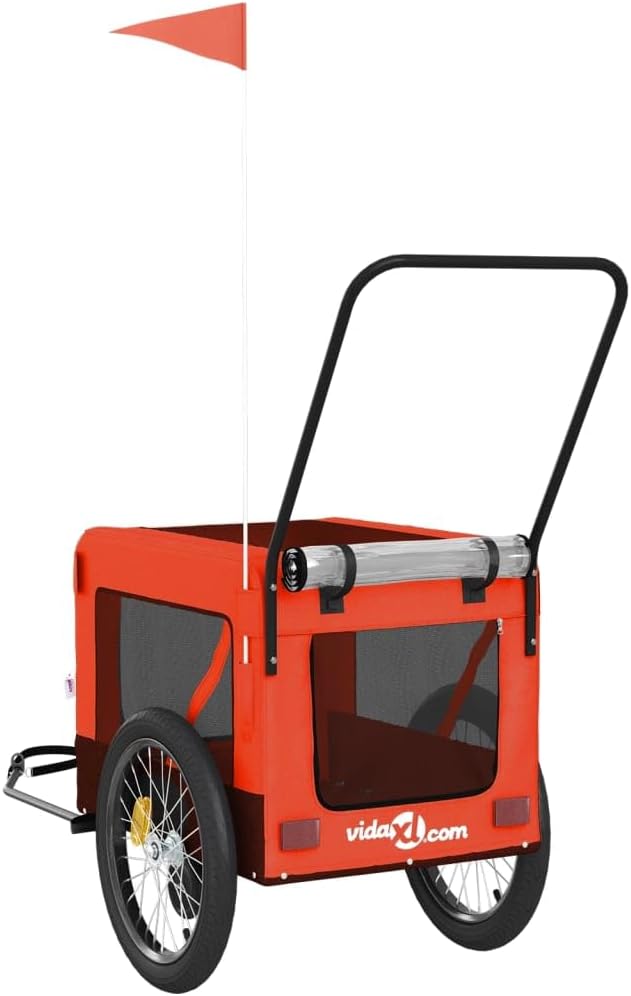 Pet Bike Trailer for Small Dogs, Foldable Bicycle Cargo Cart with Steel Frame, Mesh Windows, Reflectors, and Push Bar, Orange and Black