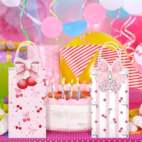 16 Pcs Pink Cherry Bow Party Favor Bags Kraft Paper Goodie Bags with Handle 3D Bow Double-sided Printing Treat Bag for Birthday Baby Shower Wedding Bridal Shower Summer Fruit Themed Party