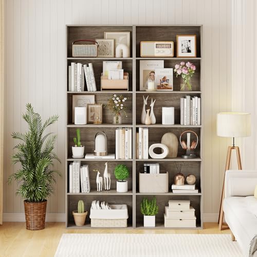 GIANTEX 6-Tier Bookcase Set of 2, 70" Tall Wooden Bookshelf, Freestanding Storage Organizer w/Open Shelves, Anti-Tipping Kits, Modern Floor Standing Display Shelves for Living Room,Grey