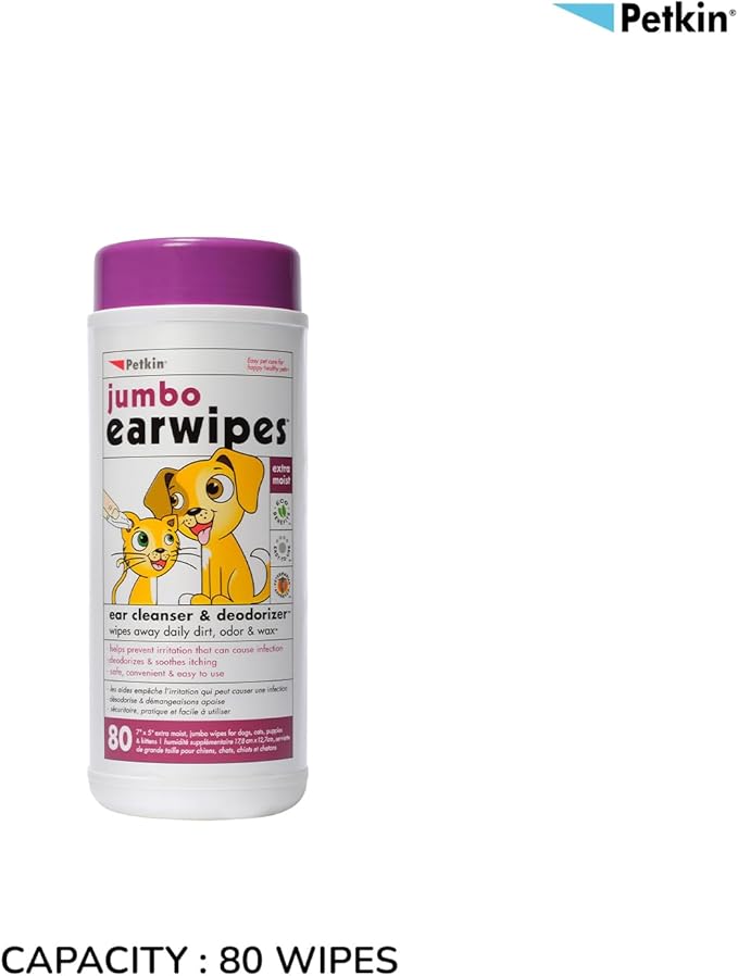 Petkin Jumbo Pet Ear Wipes, 80 Extra Moist Wipes - Soothing & Deodorizing Pet Ear Cleaner to Remove Dirt, Odor, & Wax - Safe, Convenient, & Easy to Use Pet Wipes for Dogs, Cats, Puppies & Kittens
