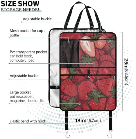 2 Pack Back Seat Car Organizer with Storage Pockets Kick Mats Back Seat Protector Hanging Car Organizer Automotive Seat Back Cover Organizers Cartoon Red Strawberry