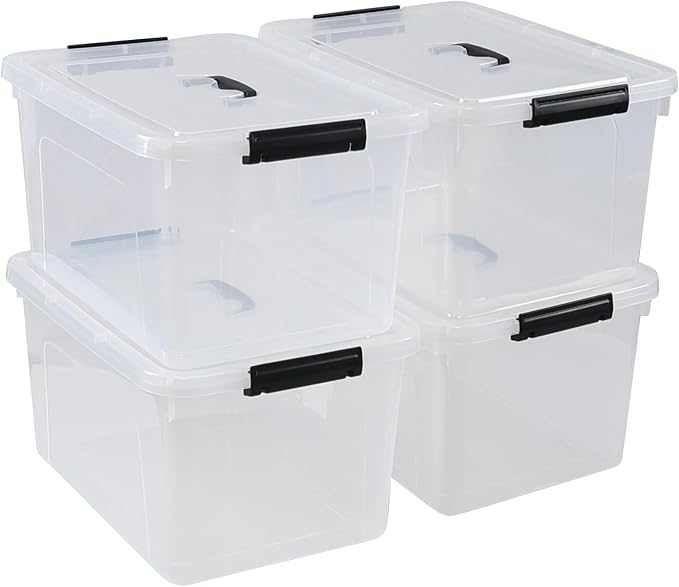 20 Quart Plastic Storage Bins with Lids, Set of 4 | Clear, Latching