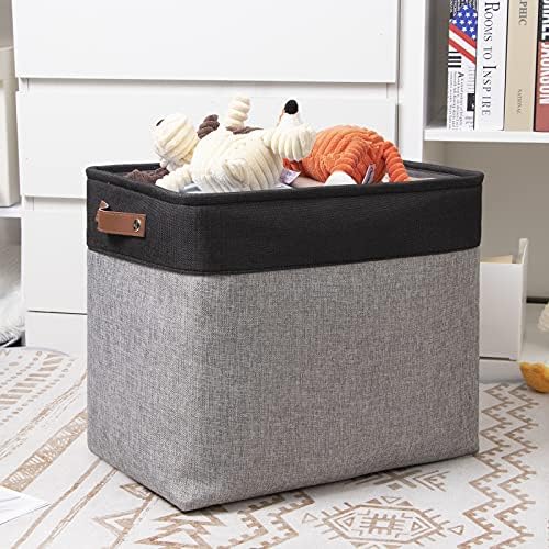 DULLEMELO Large Collapsible Storage Basket/Bin with Sturdy Leather Handles, Fabric Organizer Bin for Storage Clothes, Books, Office, Bedroom, Closet, Nursery & Laundry (Black&Gray)