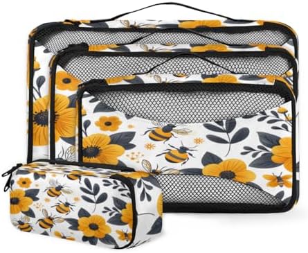 Bee 4 Set Packing Cubes Luggage Organizer Bags for Travel Accessories and Essentials, Yellow Floral