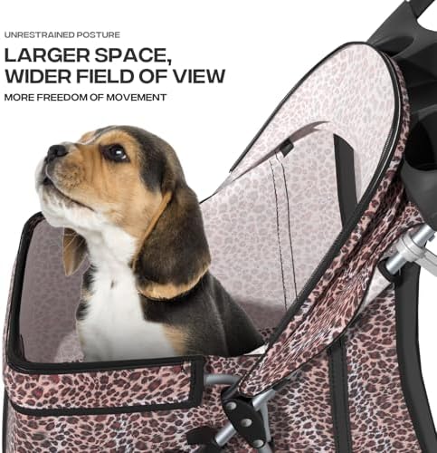 Foldable 3-Wheel Pet Stroller for Dogs & Cats, Leopard Print | Storage Basket & Cup Holder, Breathable Mesh Cover, Lightweight and Durable, for Small to Medium Pets, up to 33 lbs