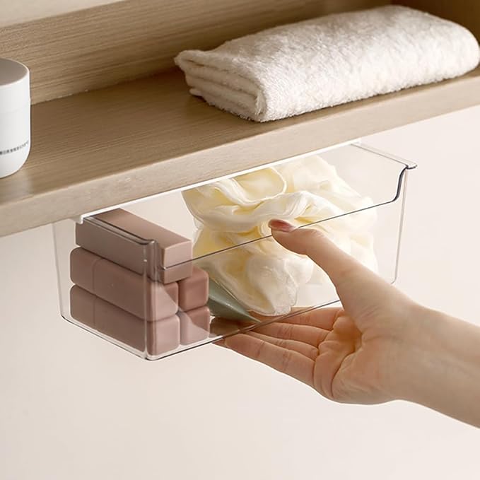 Medicine Cabinet Organizer Wall Mount,Small Pull-Out Organizer Box,Self-adhesive Under Medicine Cabinet Drawer Holder,Make Up Storage for Bathroom Mirror Cabinets, Clear
