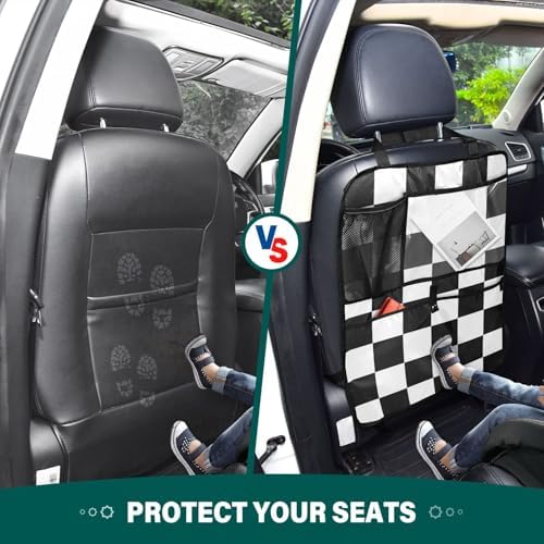 2 Pack Back Seat Car Organizer with Storage Pockets Kick Mats Back Seat Protector Hanging Car Organizer Automotive Seat Back Cover Organizers Checkered Black and White