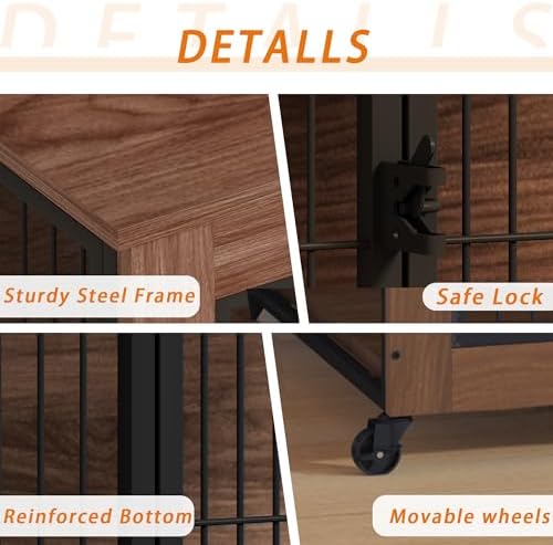 Dog Crate Furniture with Wheels, Wooden Dog Kennel Indoor, Decorative Side End Table for Small Dogs, Easy Installation (38.6'')
