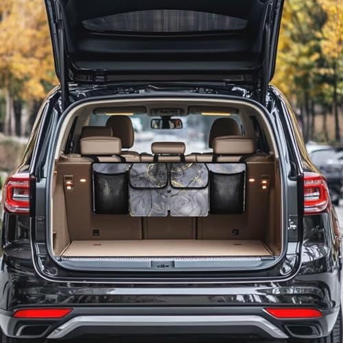 Dreaweet Grey Marble Print Trunk Organizer for Car Collapsible Car Trunk Storage Organizer with 4 Pockets Backseat Hanging Organizer for SUV Truck Minivan Car Storage Accessories Interior
