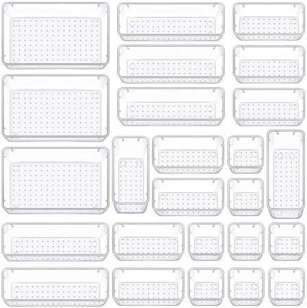 Clear Drawer Organiser Trays Set Makeup Trays Desk Drawers Dividers Organiser Bins for Kitchen Bedroom Bathroom Stackable Drawer