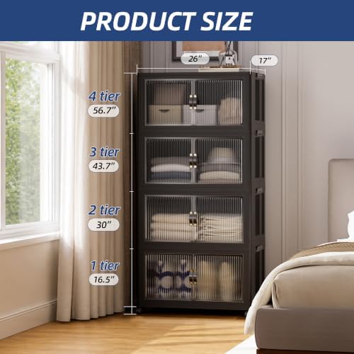 SAILUN 116Gal/464Qt Stackable Storage Bins Folding Collapsible Storage Bins with a Lid, Closet Organizers and Storage,Black 26" W x 17" D x 56.7" H