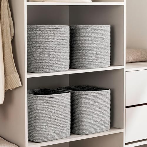 joybest 11inch Cube Storage Bins, Cotton Rope Woven Organizer Basket | Set of 4 Cube Bin Square Shelves Organizer Closet Storage, Nursery, Toy Organization, Grey