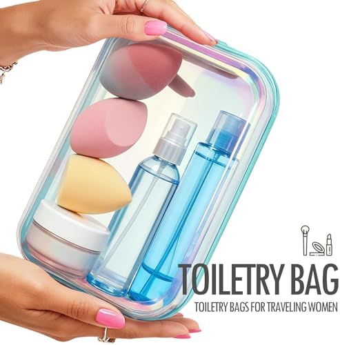 Clear Hard Shell Zipper Cases, 2 Pack, Iridescent | Water-resistant, crush-resistant PET shell protects toiletries, cosmetics, electronics, toys & baby items for travel and home