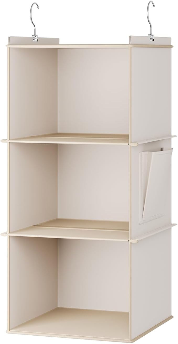 YOUDENOVA Hanging Closet Organizer and Storage for Clothes, 3-Shelf, Beige | Locker/RV/Camper Organizer, Side Pocket, Hanging Shelves for Small Closet, Dorm Room Essentials for Guys, Breathable Fabric