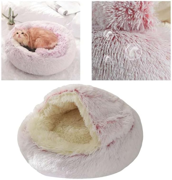 Round Fluffy Hooded Cat Bed Cave, Anti-Anxiety Cave Bed with Blanket | Hooded Cat Bed Cave, Cozy Cuddler Luxury Puppy Pet Bed, Anti-Slip Bottom and Machine Washable