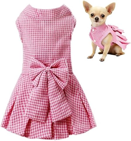 Classic Plaid Dog Dress with Bow Tie for Small Dogs Cats Girls, Cute Puppy Dresses Clothes with Bowknot Chihuahua French Bulldog Pet Apparel Outfits (Strawberry Pink, XX-Small)
