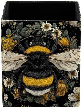Cute Bee Pen Holder for Desk Decor, Rectangular PVC Leather Pencil Cup for Desk Pen Organizer, Makeup Brush Holder for School, Home, Office