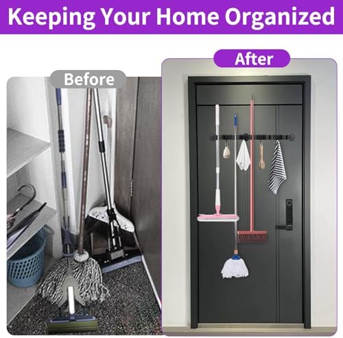 Magnetic Broom Holder Wall Mount - Heavy Duty Non-Slip Mop Hanger with 4 Hooks And 5 Rack, No Drill Tool Organizer for Refrigerator,Garage,Laundry Room (Black, 5Racks 4Hooks)