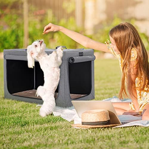 PETSFIT Portable Dog Crate for Small Dogs, – 24" Soft Dog Travel Crates with Lockable Zippers & Thicken Mat, Adjustable Patented Spiral Steel Frame, Collapsible Kennel for Indoor & Outdoor