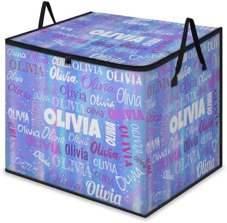 Personalized Name Large Storage Basket with Lid, Canvas Storage Bins Quilt Clothes Organizer for Bedroom, Kitchen, Bathroom, Nursery, Shelves, Closets, Gradient Blue Stripes with Stars