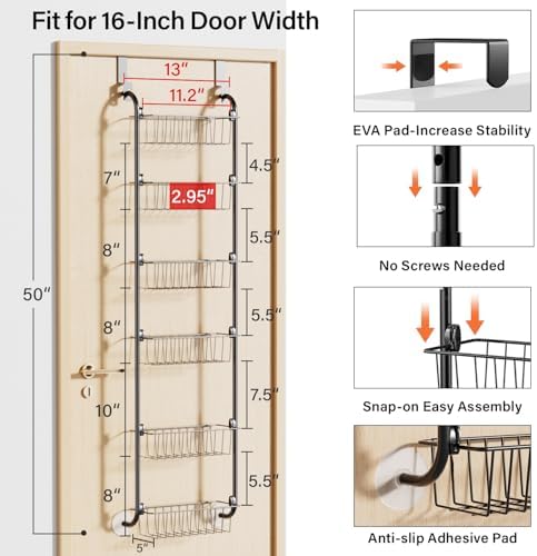 Delamu Narrow Over the Door Pantry Organizer, 6-Tier Metal Pantry Door Organization and Storage for Easy Install, Hanging Spice Rack Seasoning Shelves for Cabinet & Kitchen, D5 x W13 x H50 inch, Black