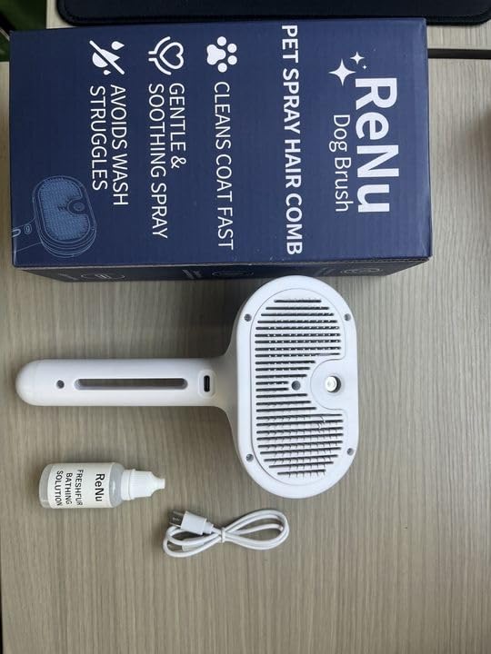 3-in-1 Self-Cleaning Steamy Pet Brush for Dogs & Cats, Fresh Fur Shower Brush That Removes Loose Hair, Reduces Shedding, Grooming Tool for Long & Short Hair, Wet or Dry Use (White)