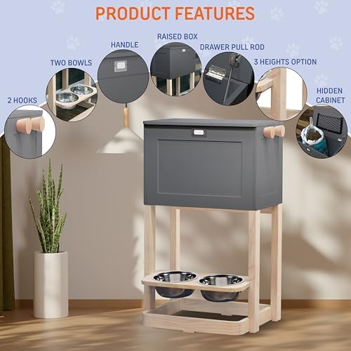 Zoovilla Raised Pet Feeder Station with Soft-Close Lid, 7" Angled Bowls – Waterproof Wooden Dog Storage Organizer for Large & Small Dogs – Modern Design (Gray)