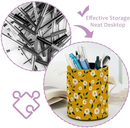 Faux Leather Pen Holder for Desk, Pencil Organizer Daisy Pen Cup Desk Decor Makeup Brush Holder Storage for Office Home