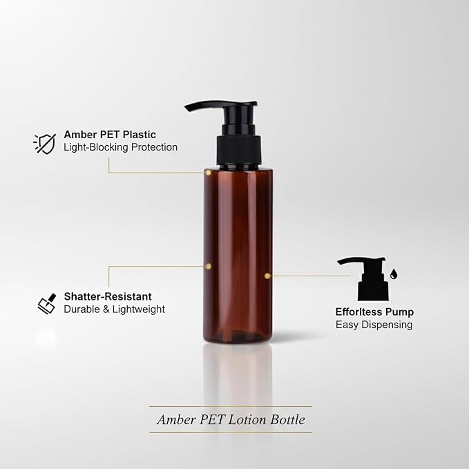 Amber PET Lotion Pump Bottle, Durable Refillable Dispenser for Travel & Shower, Black Finish