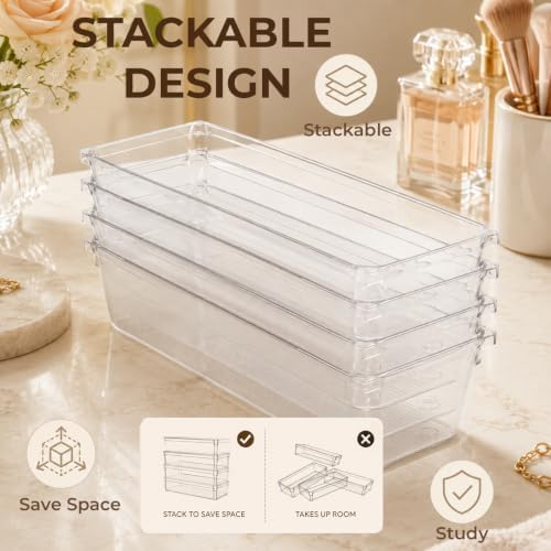 LotFancy 8 Pack Clear Plastic Drawer Organizer Bins, Small Item Organizers