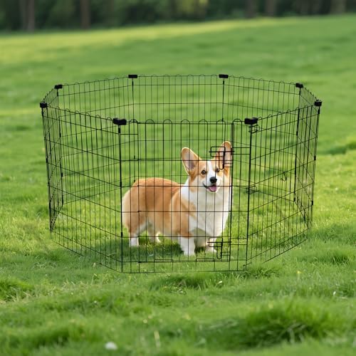 Amazon Basics Portable Foldable Octagonal Metal Exercise Dog Playpen, Indoor/Outdoor Pet Fence with Single Door, 8 Panels, Small, 30 Inches, Black