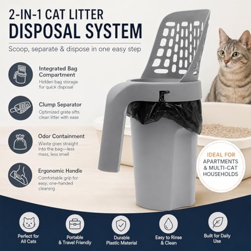 3 in 1 Litter Box Shovel with Hidden Bag Compartment & Clump Separator with 150 Garbage Bags, Cat Litter Scoop with Holder for Quick Cleaning, Litter Scooper for Cat Households (with 30 Bags)