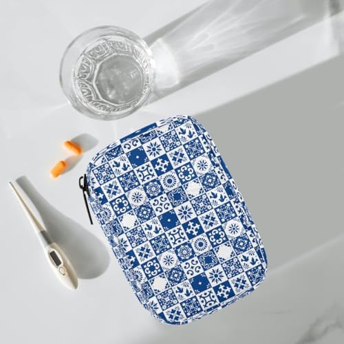 Pill Organizer Box Navy Blue Ethnic Boho 7-Day Weekly Medicine Pill Case Travel Pill Container Portable Pill Holder Storage Purse Bag Small Compact Size for Vitamin Supplement Birth Control