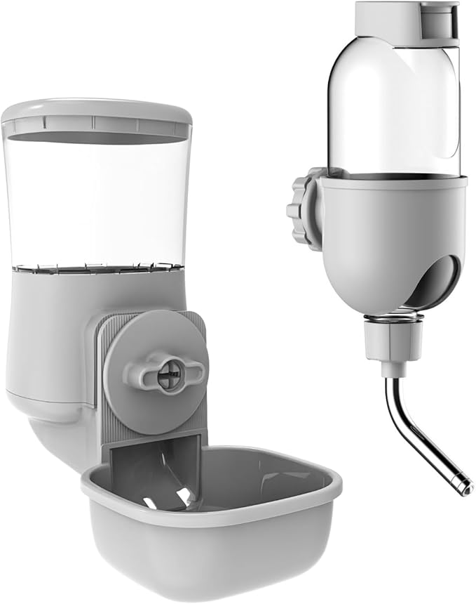 Automatic Pet Food Water Dispenser, Auto Gravity Pet Feeder Water Bottle Set for Crate Cage for Puppy Cat Rabbit Guinea Pigs Chinchilla Ferret Hedgehog (Grey)