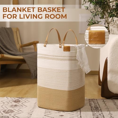 danpinera Large Laundry Hamper – 75L Tall Woven Cotton Storage Basket with Leather Handles, Slim Dirty Clothes Hamper, Decorative Storage Basket for Blanket,Toys White & Jute