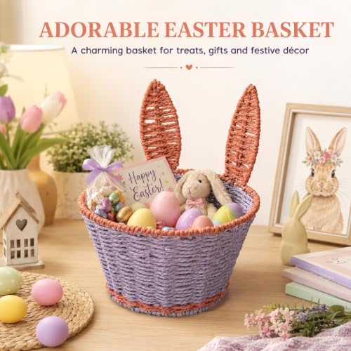Bunny Boho Decor Storage Basket,Handmade Paper Rope Basket,Kit | 100% Handmade Decor Bin,2 Color Blocking,Create An Organized Life,for Toilet Paper,Living Room,Table,Bedside,Pet Organizing