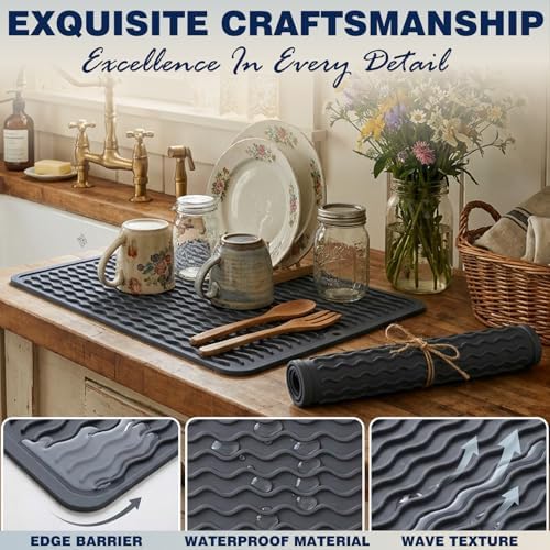 2 Pack Caketime Silicone Dish Drying Mat for Kitchen Counter Under Sink Near Faucet with Bathroom Countertop Organizer Soap Holder New Home Essentials Drainers Housewife Stuff 12"x6"