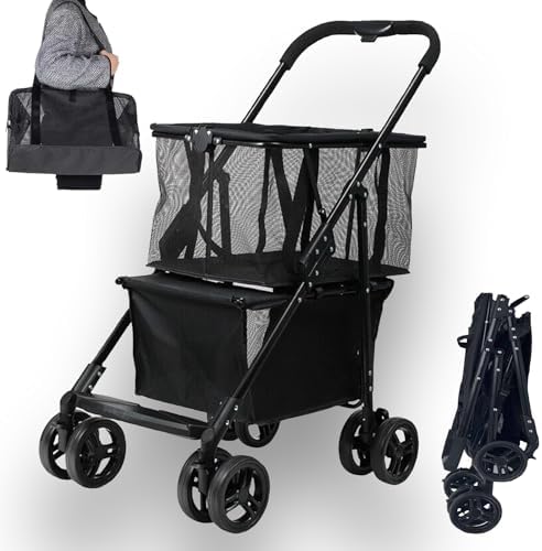 Folding Shopping Cart with Rolling Swivel Wheels Utility Trolley Cart, with Stylish Removable Tote Basket for Travel Shop Move Luggage Office (Black + Black Frame)