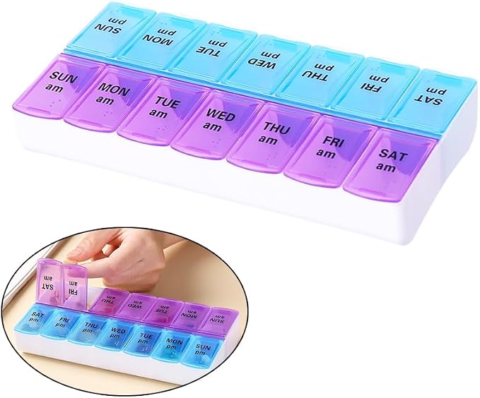 Weekly Pill Organizer Case, Travel Daily Medicine Meds Dispenser | Twice a Day, Vitamin Tablet Container Planner Box for Medication, Fish Oil, Capsule, AM, PM, Morning, Bedtime, Purple + Blue