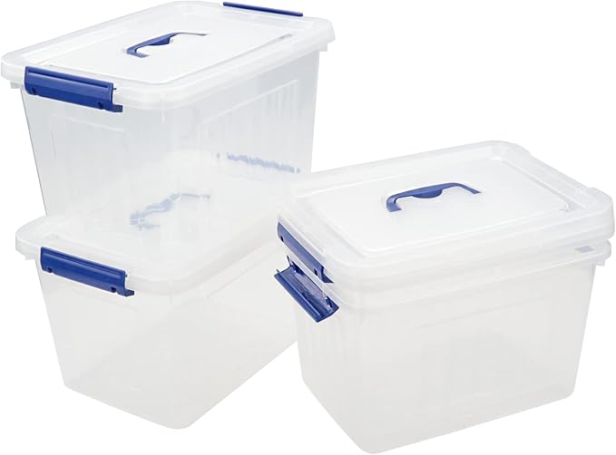4-Pack 10 L Plastic Storage Box, Clear Storage Box with Lid | Secure Side Buckle Latches, Dustproof Lid, Clear Visible Body, Stackable Compact Size, For Home Office Small Item Storage