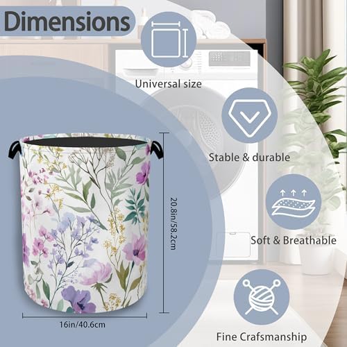 Wildflower Plant Laundry Basket,Botanical Oxford Cloth Laundry Hamper with Handle Foldable Portable Clothes Storage Basket for Bathroom Bedroom Dorm Room 16" x 20.8"
