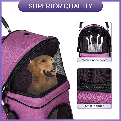 BestPet | 4-Wheel Foldable Pet Stroller | Purple | Lightweight & Portable | Travel Carrier with Mesh Windows, Storage Basket, Cup Holder, Safety Brakes, and Waterproof Fabric | For Small Dogs and Cats