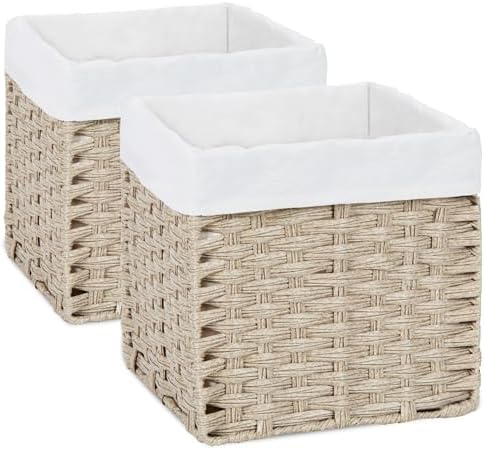 Bidtakay Wicker Baskets for Shelves Waterproof Imitation Wicker Cube Storage Bins with Liners for Organizing Closet Cabinet 2-Pack 11x11 inch Storage Cube Organizer for Pantry-Greyish Beige