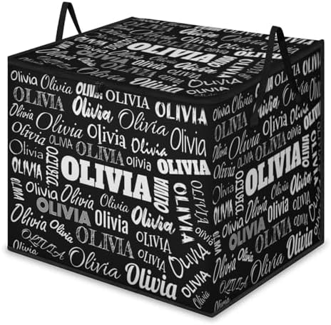 Custom Name Storage Bin with Lid, Personalized Extra Large Black Storage Basket with Handles Zippers for Organizing Comforters, Blankets, Bedding Closet Shelf Baskets